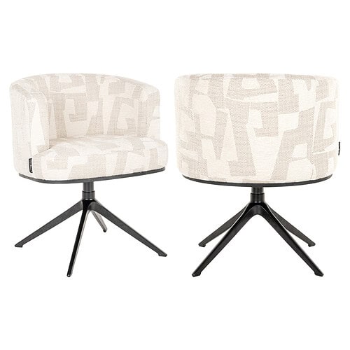Twee stijlvolle draaistoelen met beige en witte geometrische patronen en zwart onderstel, perfect voor een modern interieur.