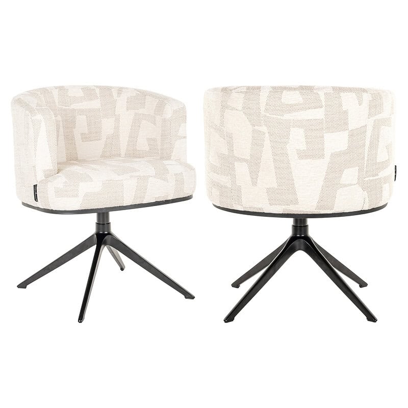 Zwei stilvolle Drehstühle mit beigen und weißen geometrischen Mustern und schwarzem Gestell – perfekt für eine moderne Einrichtung.