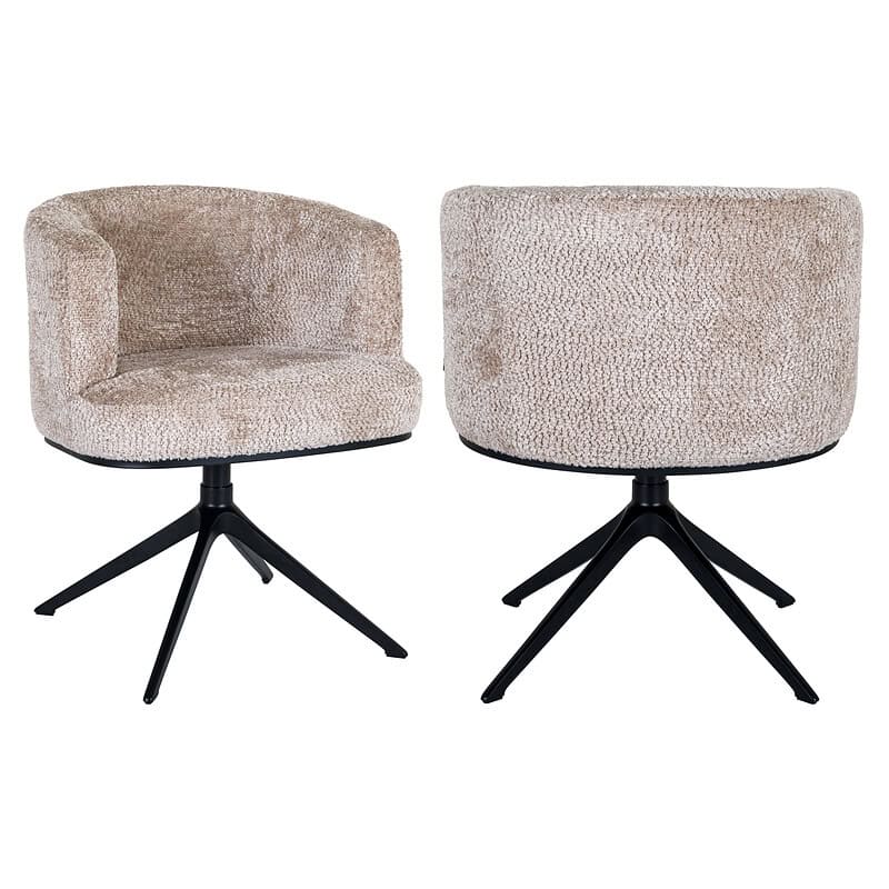 Comfortabele Cheyenne beige draaistoel met zachte bekleding en zwarte pootstructuur, perfect voor eetkamers en zithoeken.