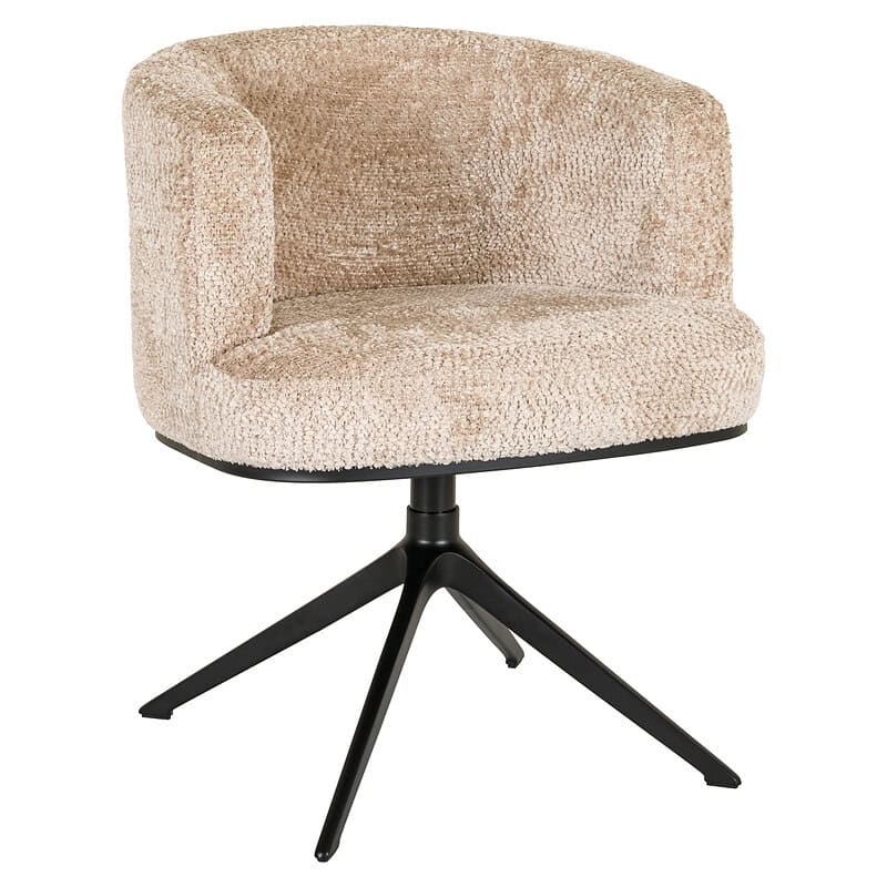 Comfortabele beige swivel eetkamerstoel Cheyenne met zachte bekleding en zwarte onderstel, perfect voor moderne eetkamers en zithoeken.