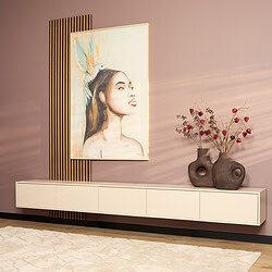 Modern zwevend tv meubel van mangohout in zandkleur, 280 cm breed, perfect voor een eigentijdse woonkamer. Elegant design met voldoende opbergruimte en een strakke uitstraling.