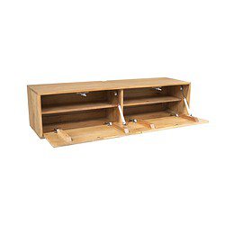 Zwevend tv meubel van mangohout met opbergruimte en verstelbare planken, perfect voor een moderne woonkamer. Elegant design met natuurlijke houtafwerking, ideaal voor het opbergen van media-apparatuur.