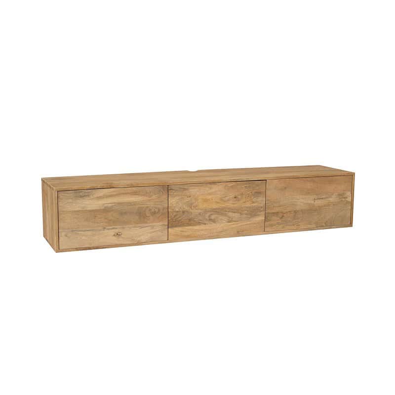 Een elegant zwevend tv meubel van mangohout, perfect voor een moderne woonkamer. Dit meubel biedt voldoende opbergruimte en een natuurlijke uitstraling, ideaal voor een stijlvolle inrichting.