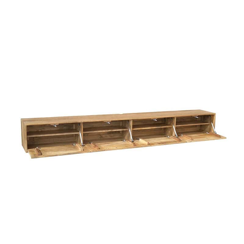 Zwevend tv meubel van mangohout, 200 cm breed, met open vakken voor media-apparatuur en decoratie. Modern en functioneel design, perfect voor een natuurlijke uitstraling in de woonkamer.
