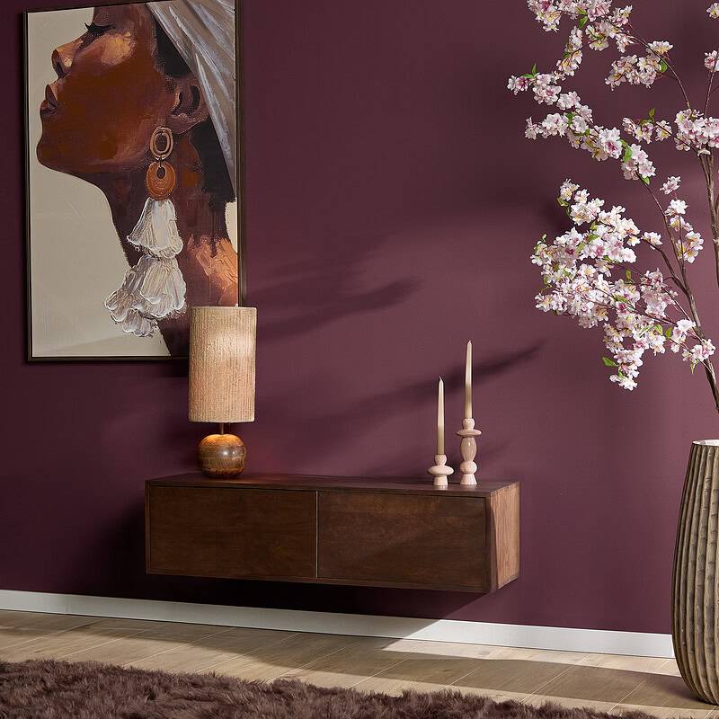 Zwevend tv meubel in bruin mangohout, 120 cm breed, modern en functioneel design voor een stijlvolle woonkamer.