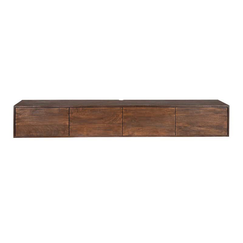 Zwevend tv meubel in bruin mangohout, 200 cm breed, modern en stijlvol design. Perfect voor een eigentijdse woonkamer en het opbergen van tv-apparatuur en accessoires.