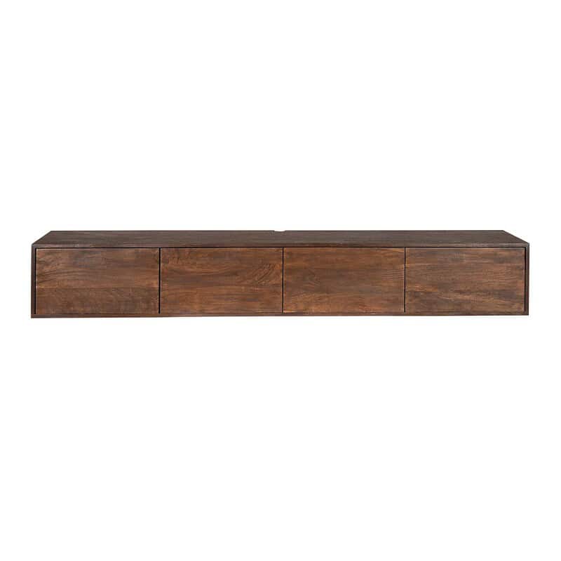 Zwevend tv meubel van mangohout in bruine afwerking, 200 cm breed, modern design, perfect voor een eigentijdse woonkamer.