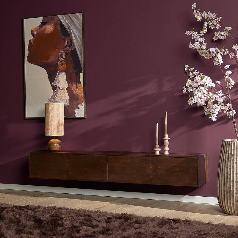 Modern zwevend tv meubel van mangohout in bruine kleur, passend bij het Vision ontwerp, 200 cm breed, ideaal voor een stijlvolle woonkamer inrichting.