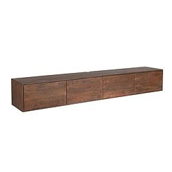 Zwevend tv meubel in bruin mangohout, 200 cm breed, modern en minimalistisch design. Perfect voor een strakke woonkamer en het opbergen van media-apparatuur.