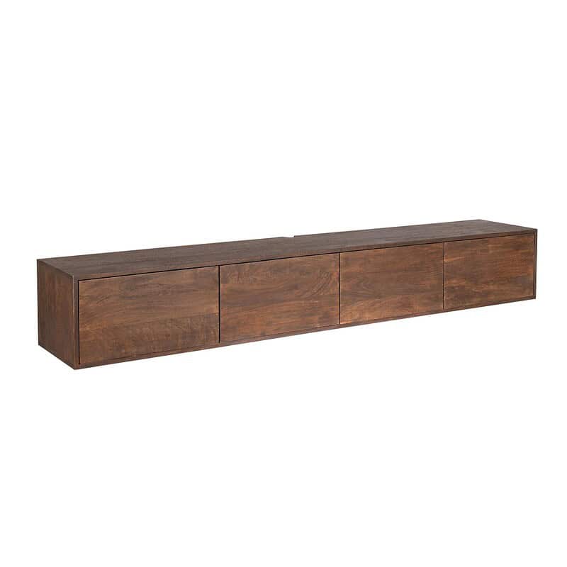 Zwevend tv meubel in bruin mangohout, 200 cm breed, modern en minimalistisch design. Perfect voor een strakke woonkamer en het opbergen van media-apparatuur.