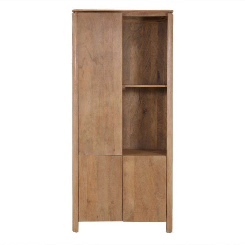 Detail open vakken vakkenkast Dallas naturel mangohout met tijdloze uitstraling