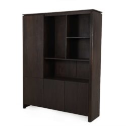 Zijkant van de Dallas vakkenkast XL in bruin mangohout met open opbergvakken