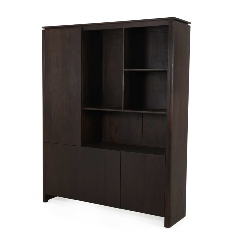 Zijkant van de Dallas vakkenkast XL in bruin mangohout met open opbergvakken