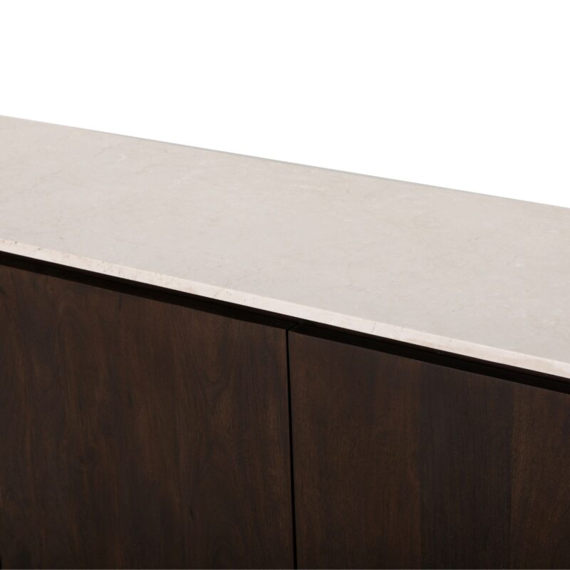 Beige marmeren bovenblad Dallas dressoir gecombineerd met warm mangohout