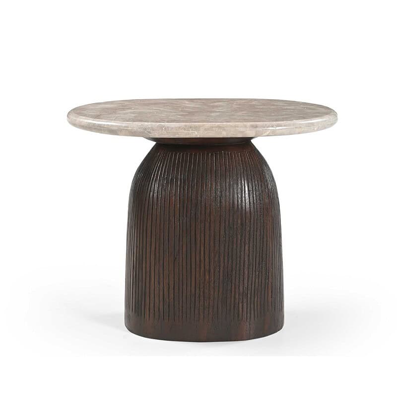 Alternatieve bijzettafel met een marmeren blad en een houten onderstel, perfect voor moderne woonruimtes.