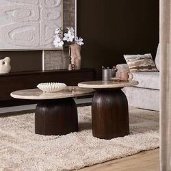 Moderne salontafel Noel van 90 cm met houten blad en zwart metalen poten, perfect voor een stijlvolle woonkamer.