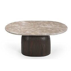 Elegante salontafel Noel met een ronde marmeren bovenkant en een robuuste, ribbelige houten basis, perfect voor moderne woonkamers.