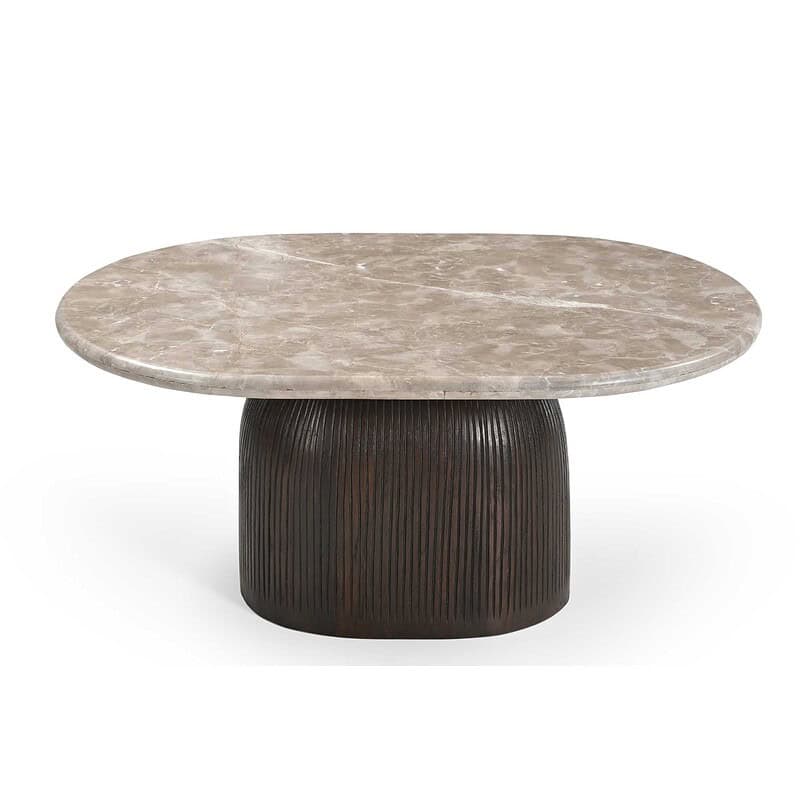 Elegante salontafel Noel met een ronde marmeren bovenkant en een robuuste, ribbelige houten basis, perfect voor moderne woonkamers.