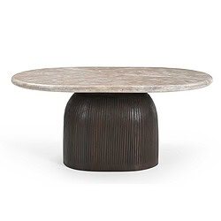 Moderne salontafel Noel met een ronde marmeren bovenkant en een zwart, ribbelige basis, perfect voor een stijlvolle woonkamer.