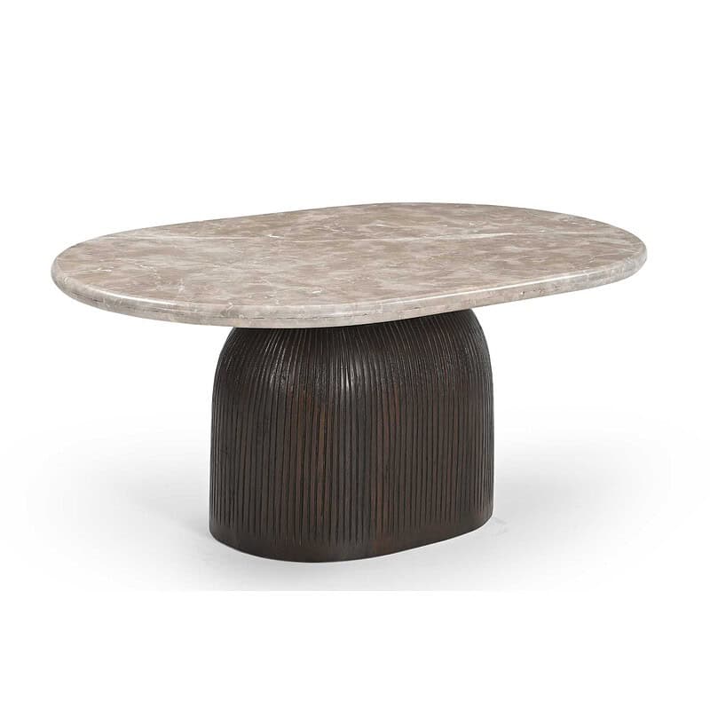 Moderne salontafel Noel met een marmeren blad en een zwart geribd houten onderstel, perfect voor een stijlvolle woonkamer.