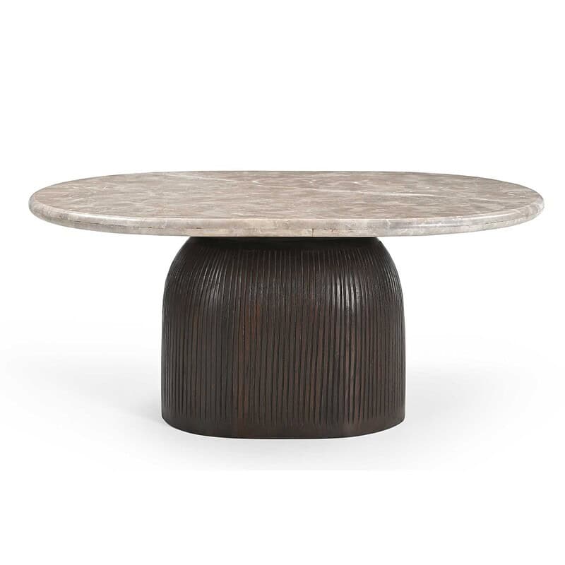 Moderne salontafel Noel met een ronde marmeren bovenkant en een zwart, ribbelige basis, perfect voor een stijlvolle woonkamer.