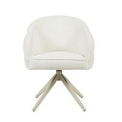 Moderne eetkamerstoel Bella in off-white stof met armleuningen en houten poot Sand, perfect voor een stijlvolle eetkamer.