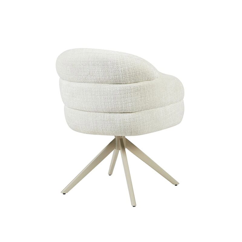 Ontdek de stijlvolle draaibare eetkamerstoel Bella in Off White met zandkleurige poot, perfect voor een moderne eetkamer. Comfort en design gecombineerd voor een elegante uitstraling.