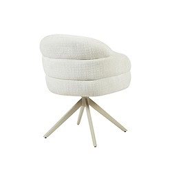 Moderne eetkamerstoel Bella in off-white stof met armleuningen en zandkleurige poten, perfect voor een stijlvolle eetkamer of lounge.