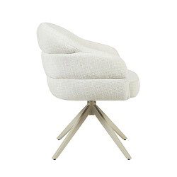 Moderne draaibare eetkamerstoel Bella in off-white stof met zandkleurige poot, perfect voor een stijlvolle eetkamer of kantoorruimte.
