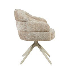 Draaibare eetkamerstoel Bella in beige stof met zandkleurige poten, comfortabel en stijlvol, perfect voor moderne eetkamers en zithoeken.