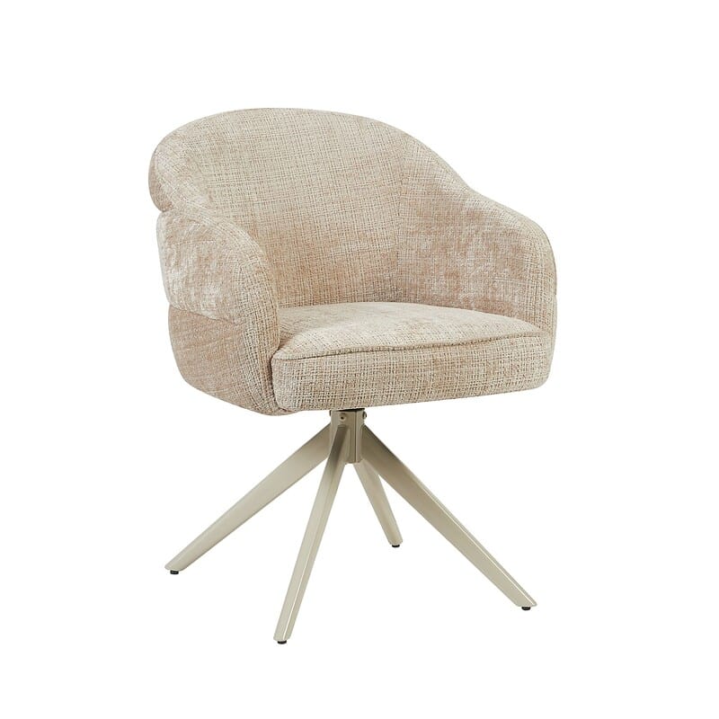 Draaibare eetkamerstoel Bella in beige stof met zandkleurige poten, comfortabel en stijlvol voor moderne eetkamers.