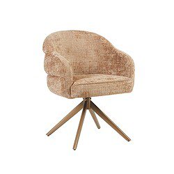 Eetkamerstoel Bella met armleuning in Cinnamon stof en bronzen poot, perfect voor een stijlvolle eetkamer. Comfortabele en moderne designstoel voor gezellige maaltijden.