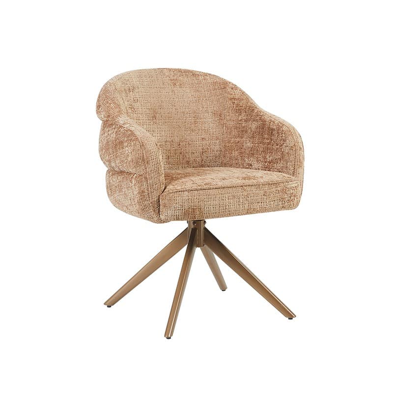 Eetkamerstoel Bella met armleuning in Cinnamon stof en bronzen poot, perfect voor een stijlvolle eetkamer. Comfortabele en moderne designstoel voor gezellige maaltijden.