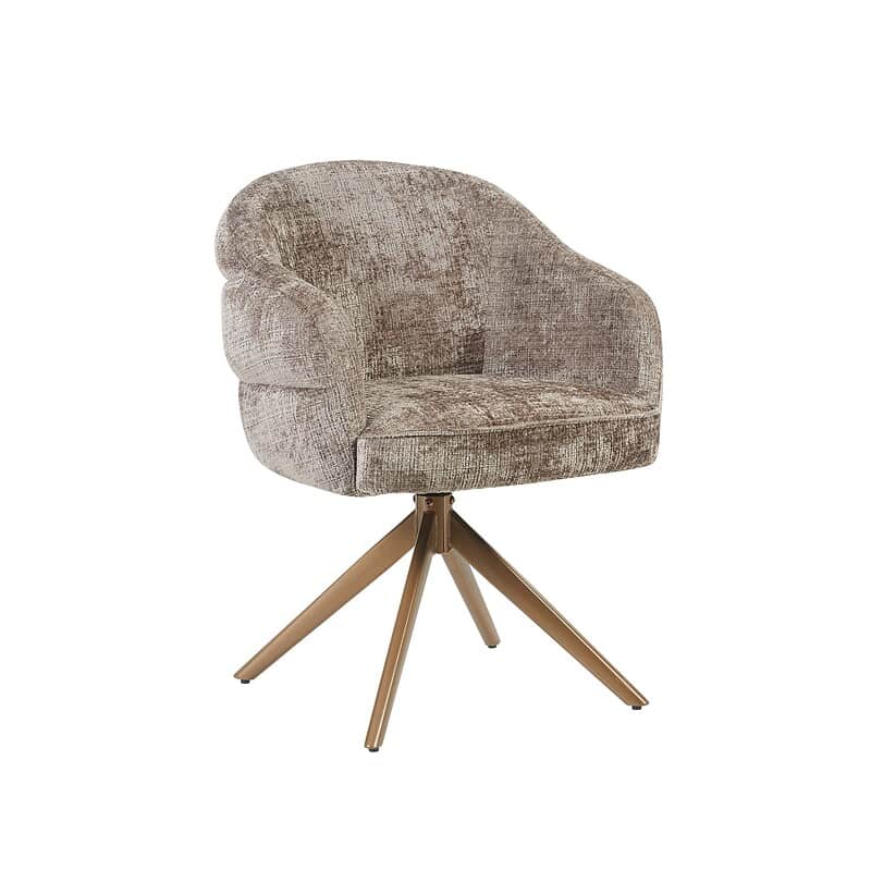 Comfortabele eetkamerstoel Bella in Clay stof met armleuning en bronzen poot, perfect voor een stijlvolle en gezellige eethoek.