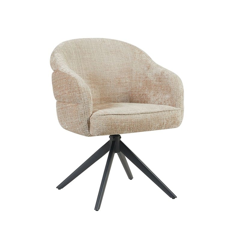 Draaibare eetkamerstoel Bella in beige stof met zwarte houten poot, perfect voor moderne eetkamers en comfortabele zitervaring.