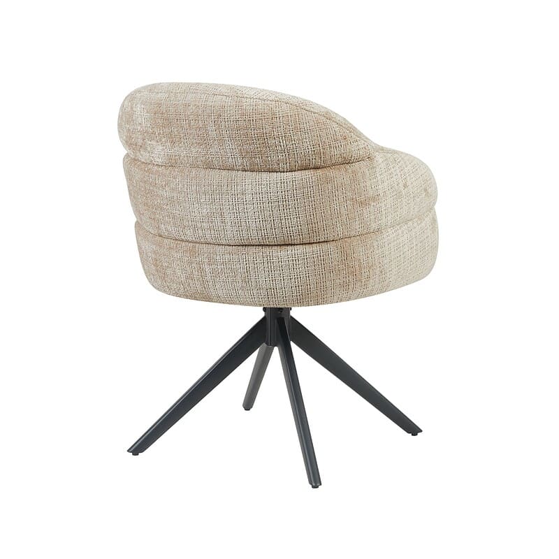 Draaibare eetkamerstoel Bella in beige stof met zwarte poot, ideaal voor moderne eetkamers en vergaderruimtes. Comfortabel, stijlvol en multifunctioneel ontwerp.