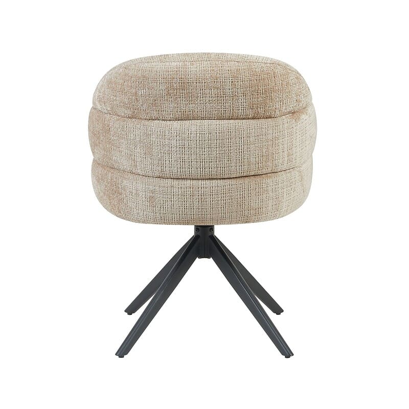 Moderne draaibare eetkamerstoel Bella in beige stof met zwarte houten poot, perfect voor een stijlvolle en comfortabele eetkamer.