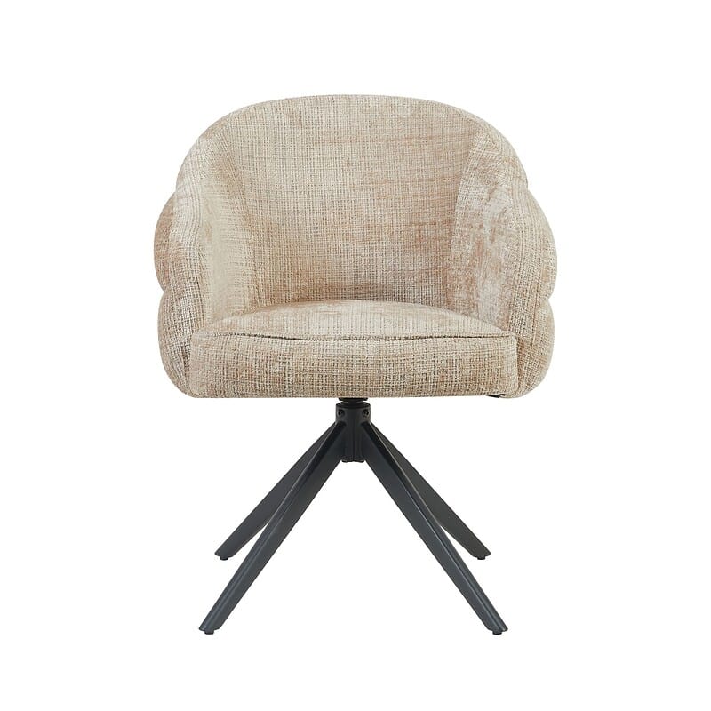 Draaibare eetkamerstoel Bella in beige stof met zwarte houten poot, ideaal voor moderne eetkamers en vergaderruimtes. Comfortabel, stijlvol en multifunctioneel ontwerp.