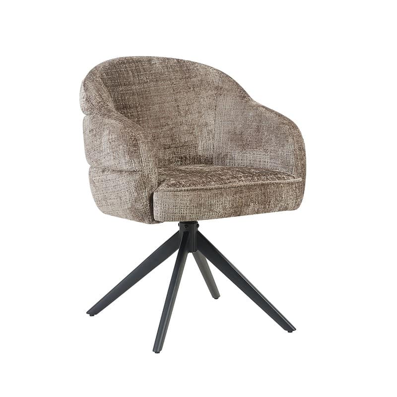 Eetkamerstoel Bella in clay stof met zwarte poot en armleuning, perfect voor een moderne eetkamer. Comfortabel en stijlvol design voor elke eetruimte.
