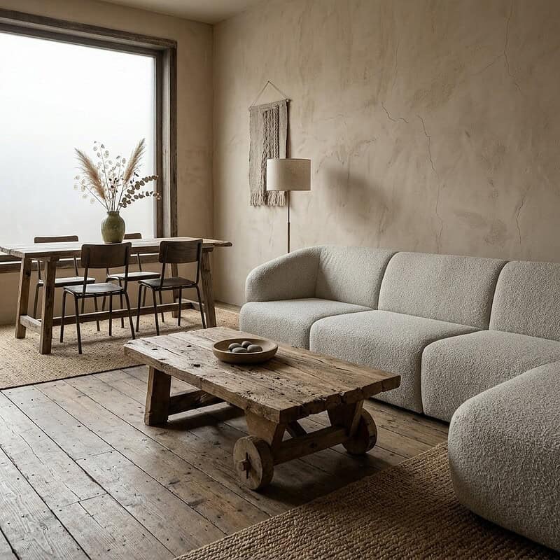 Oud houten salontafel op wielen, 130x80 cm, perfect voor een rustieke woonkamer. Handgemaakt meubel met een uniek karakter, ideaal voor een natuurlijke en warme interieurstijl.