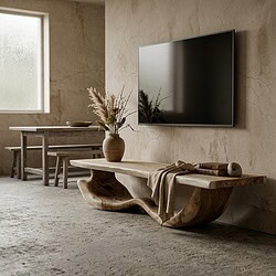 Elegant massief suarhouten TV meubel Akar met natuurlijke afwerking, perfect voor een moderne woonkamer. Handgemaakt en duurzaam, combineert stijl met functionaliteit.