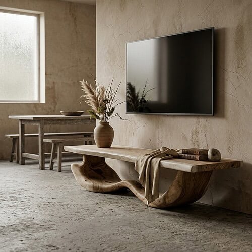 Elegant massief suarhouten TV meubel Akar met natuurlijke afwerking, perfect voor een moderne woonkamer. Handgemaakt en duurzaam, combineert stijl met functionaliteit.