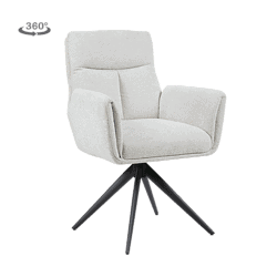 Comfortabele houten draaistoel met lichtgrijze bekleding en zwarte onderstel, ideaal voor moderne woonruimtes en kantoorinterieurs.