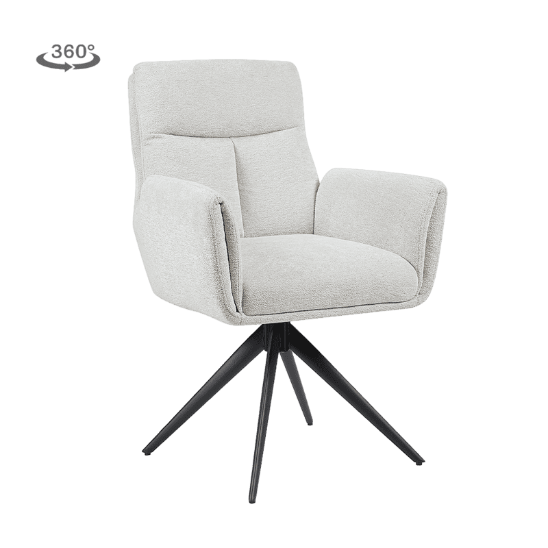 Comfortabele houten draaistoel met lichtgrijze bekleding en zwarte onderstel, ideaal voor moderne woonruimtes en kantoorinterieurs.