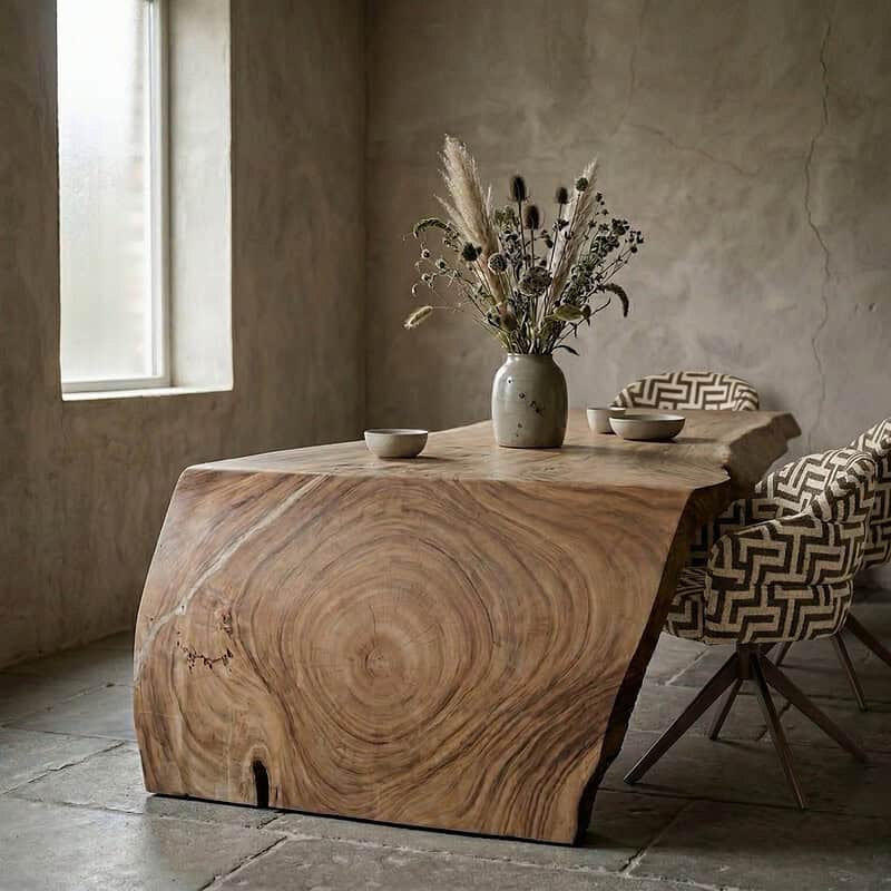 Unieke houten eettafel van massief hout met natuurlijke nerf en organische vormen, perfect voor een moderne en stijlvolle eetruimte in Enschede.