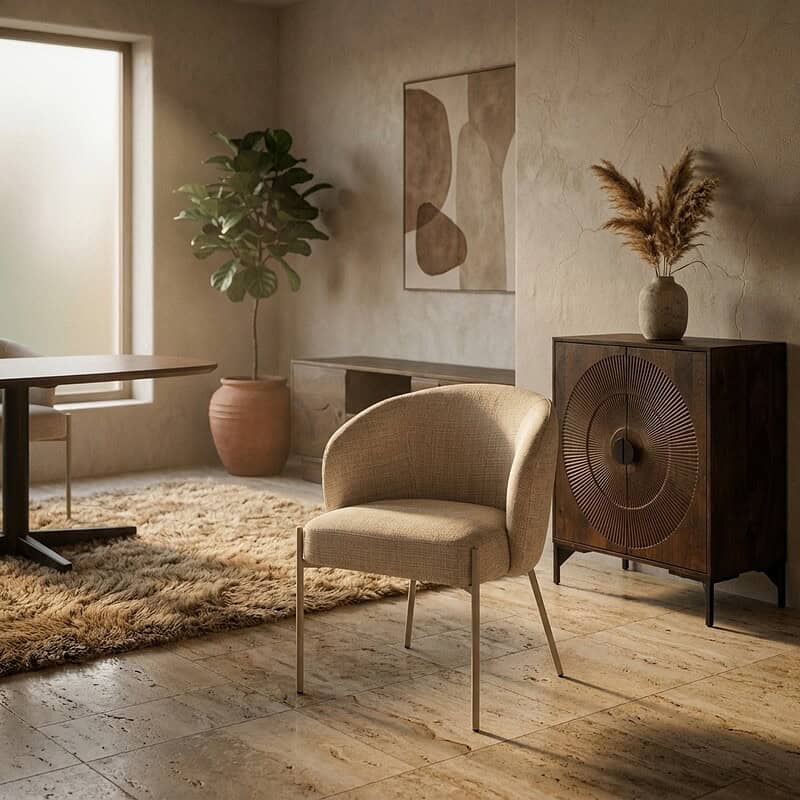 Elegant interieur met moderne Mokana meubels, inclusief een comfortabele stoel, een houten kast en decoratieve planten, perfect voor een warm en stijlvol huis.