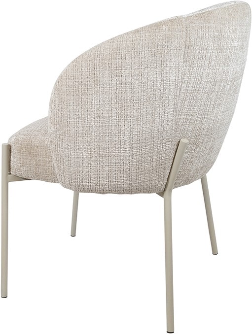 Comfortabele eetkamerstoel met zachte stoffen bekleding en slanke metalen poten, ideaal voor een stijlvolle en gezellige eetruimte.