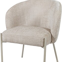 Stoel met beige stoffen bekleding en metalen poten.