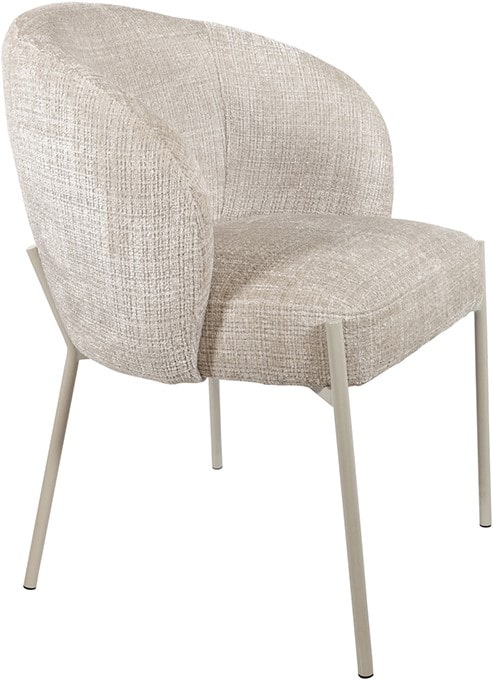 Comfortabele stoffen fauteuil met elegante ronde rugleuning en slanke metalen poten, perfect voor een stijlvolle woonkamer of kantoorruimte.