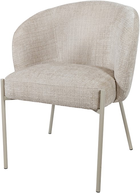 Stoel met beige stoffen bekleding en metalen poten.